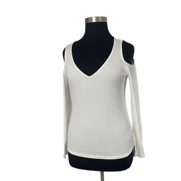 Gap XL Off White Long Sleeve Rib Knit Tee Cold Shoulder NWT Basic Layering - Picture 4 of 10
